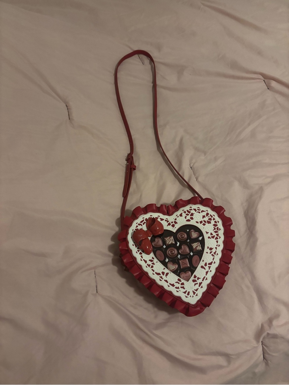 Betsey Johnson Red Heart-Shaped Crossbody with Bow and Chocolate Box Detail